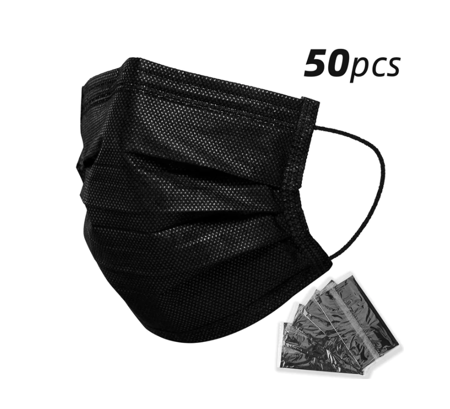 Adult Disposable Black Mask (Individual Wrapped) Made In USA - 50 pcs/Box