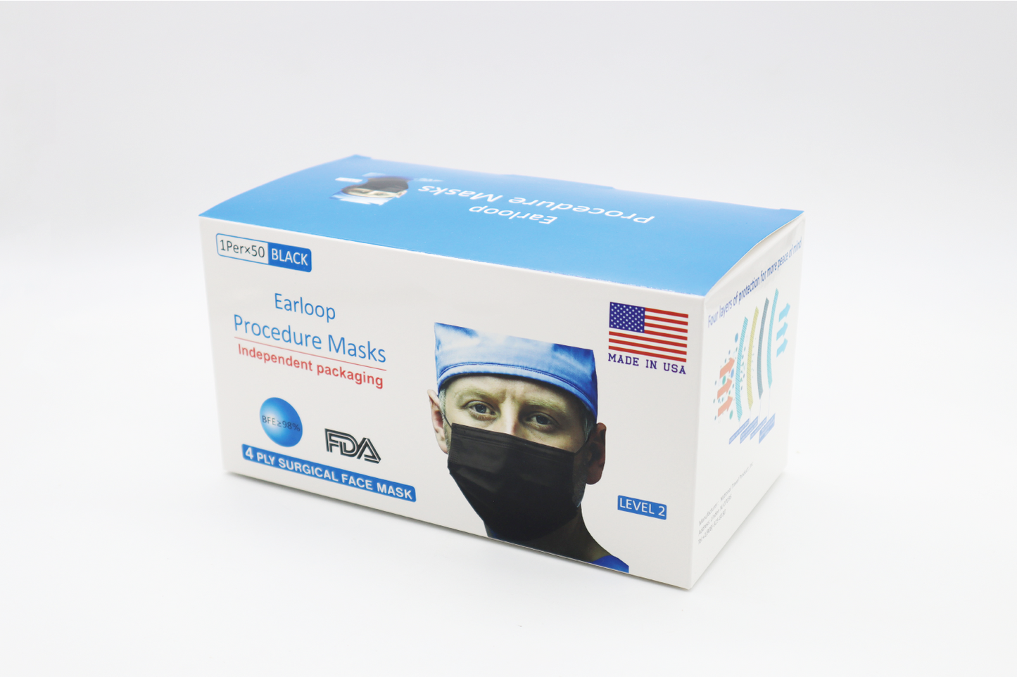 Adult Disposable Black Mask (Individual Wrapped) Made In USA - 50 pcs/Box
