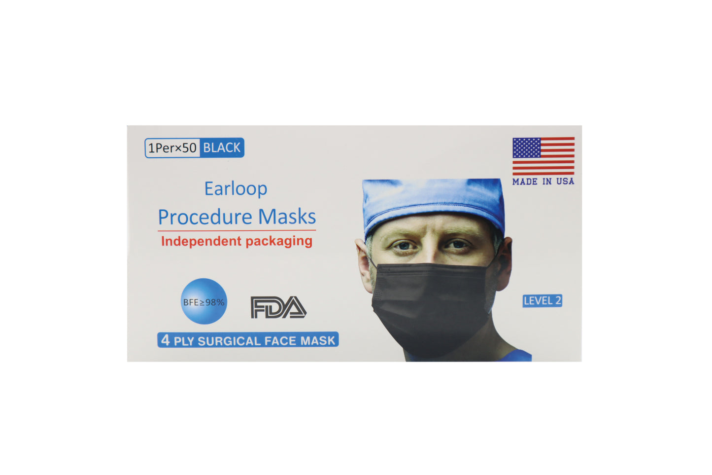 Adult Disposable Black Mask (Individual Wrapped) Made In USA - 50 pcs/Box